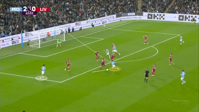 Screengrab illustrating Doku's in-field movement past Ibrahima Konate before he scores from 20 yards against Liverpool