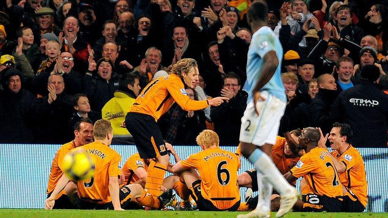 Jimmy Bullard recreates Phil Brown's team talk on the Etihad Stadium pitch during Hull City's Premier League match at Manchester City