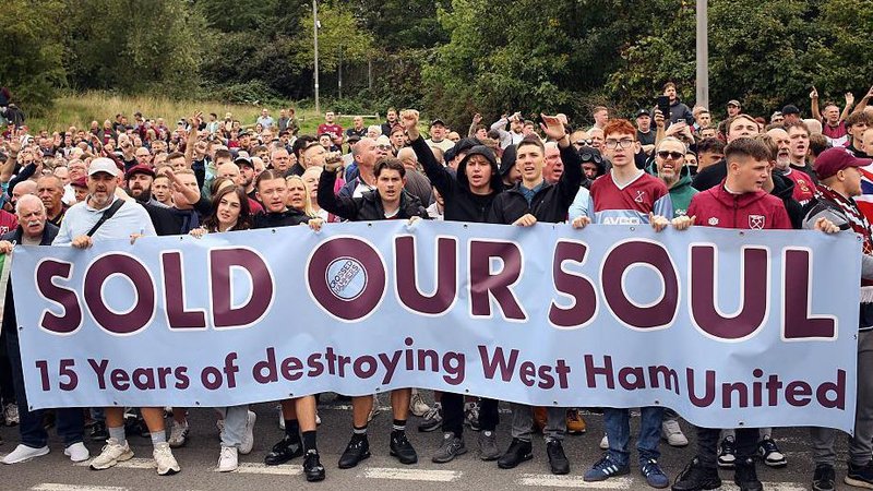 West Ham fans protest against the owners of the club outside the London Stadium