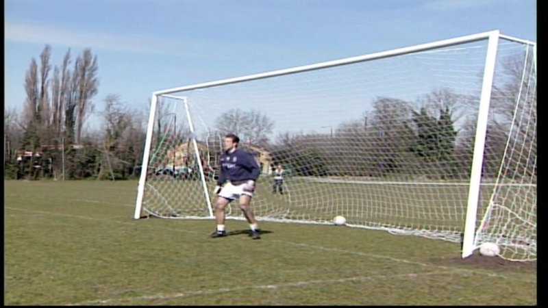 A picture of a goalkeeper stood in an oversized goal