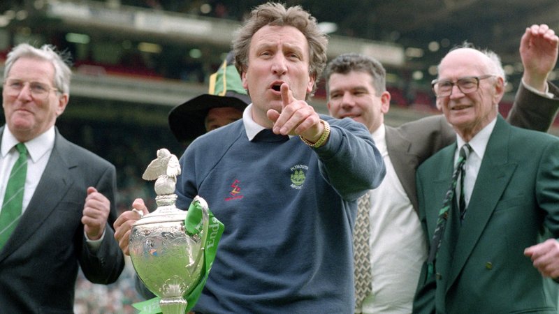 Neil Warnock celebrates Plymouth Argyle's win at Wembley