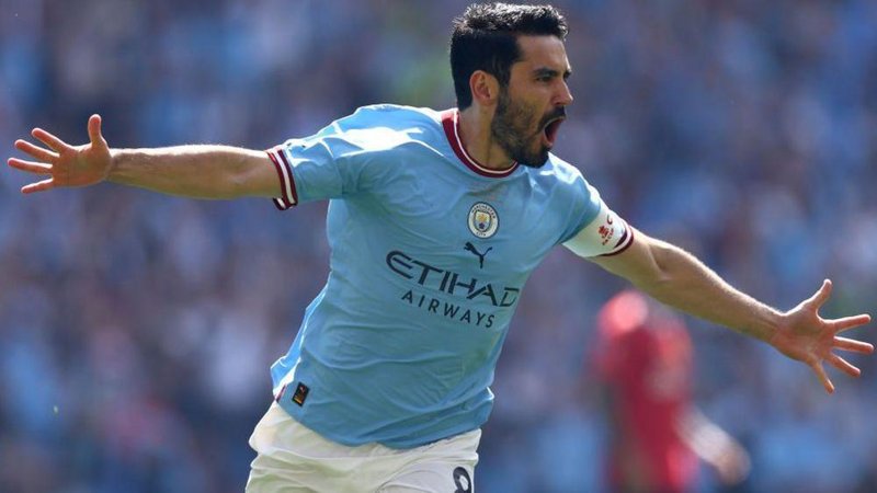Ilkay Gundogan of Manchester City celebrates after scoring the team's first goal during the Emirates FA Cup Final between Manchester City and Manchester United at Wembley Stadium on June 03, 2023 in London, England.