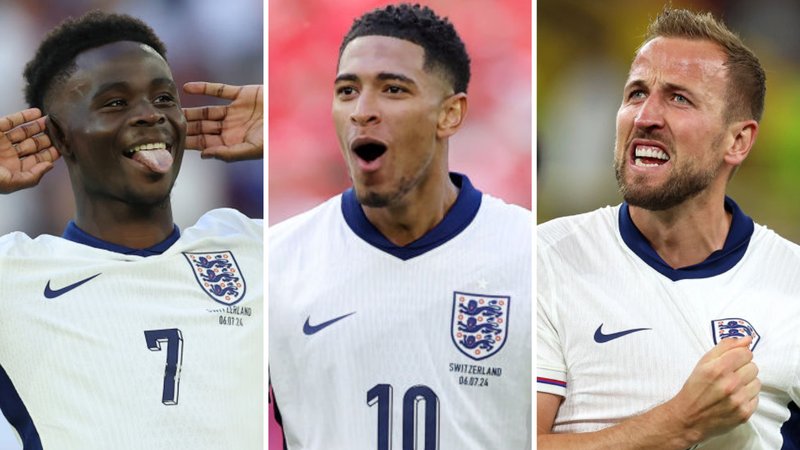 Saka, Bellingham and Kane split pic