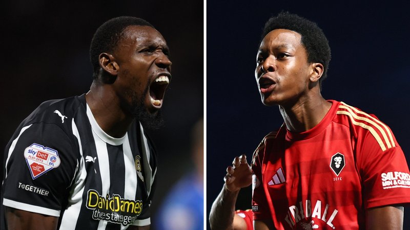 Split image of Notts County's Lee Ndlovu celebrating victory (left) and Salford's Kallum Cesay celebrating a goal