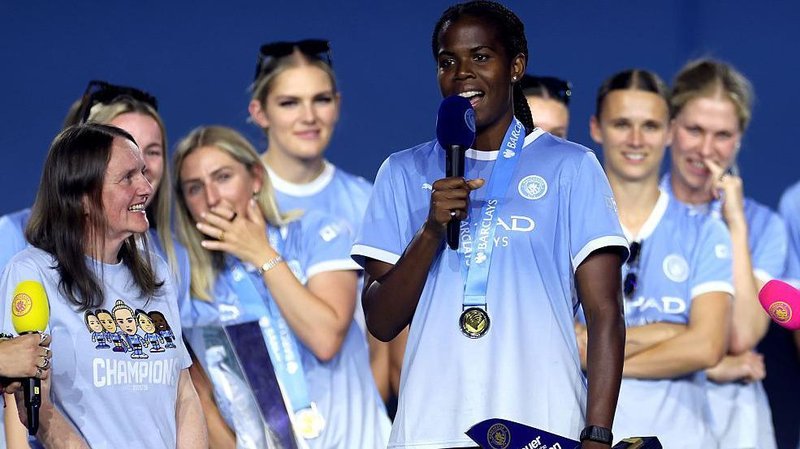 Khadija Shaw pictured during Manchester City's parade after winning the Women's Super League title