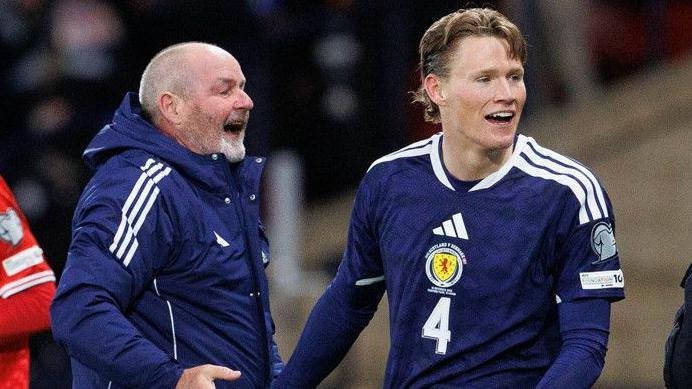 Scotland Head Coach Steve Clarke with Scott McTominay during a World Cup 2026 Qualifier between Scotland and Denmark at Hampden Park, on November 18, 2025